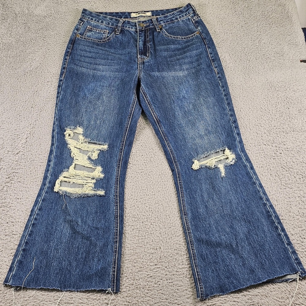 Rock &‎ Roll Denim Jeans Womens 29x36 Blue High Rise Flare Distressed Raw Hem